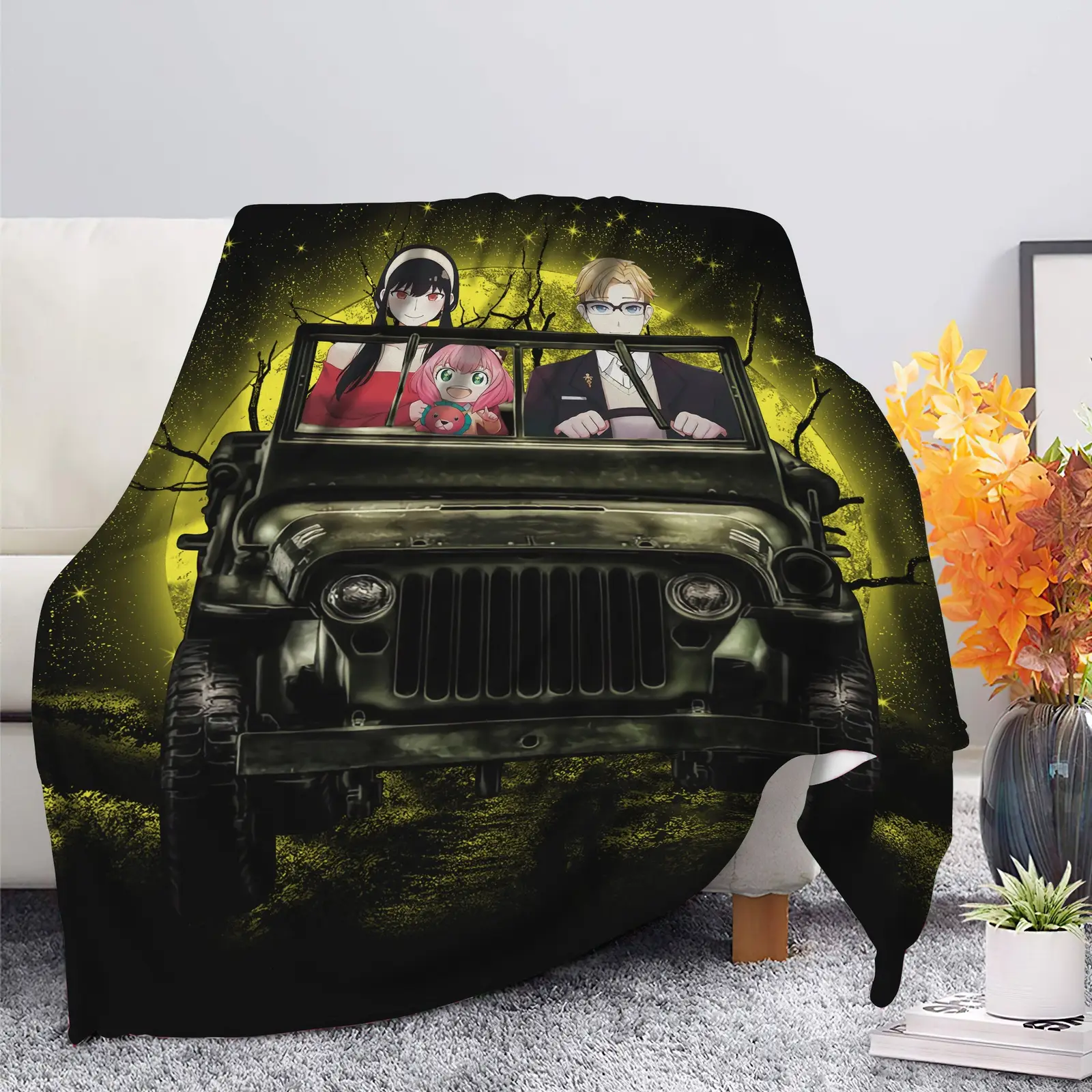Spy X Family Yor And Anya Ride Jeep Moonlight Halloween Funny Blanket