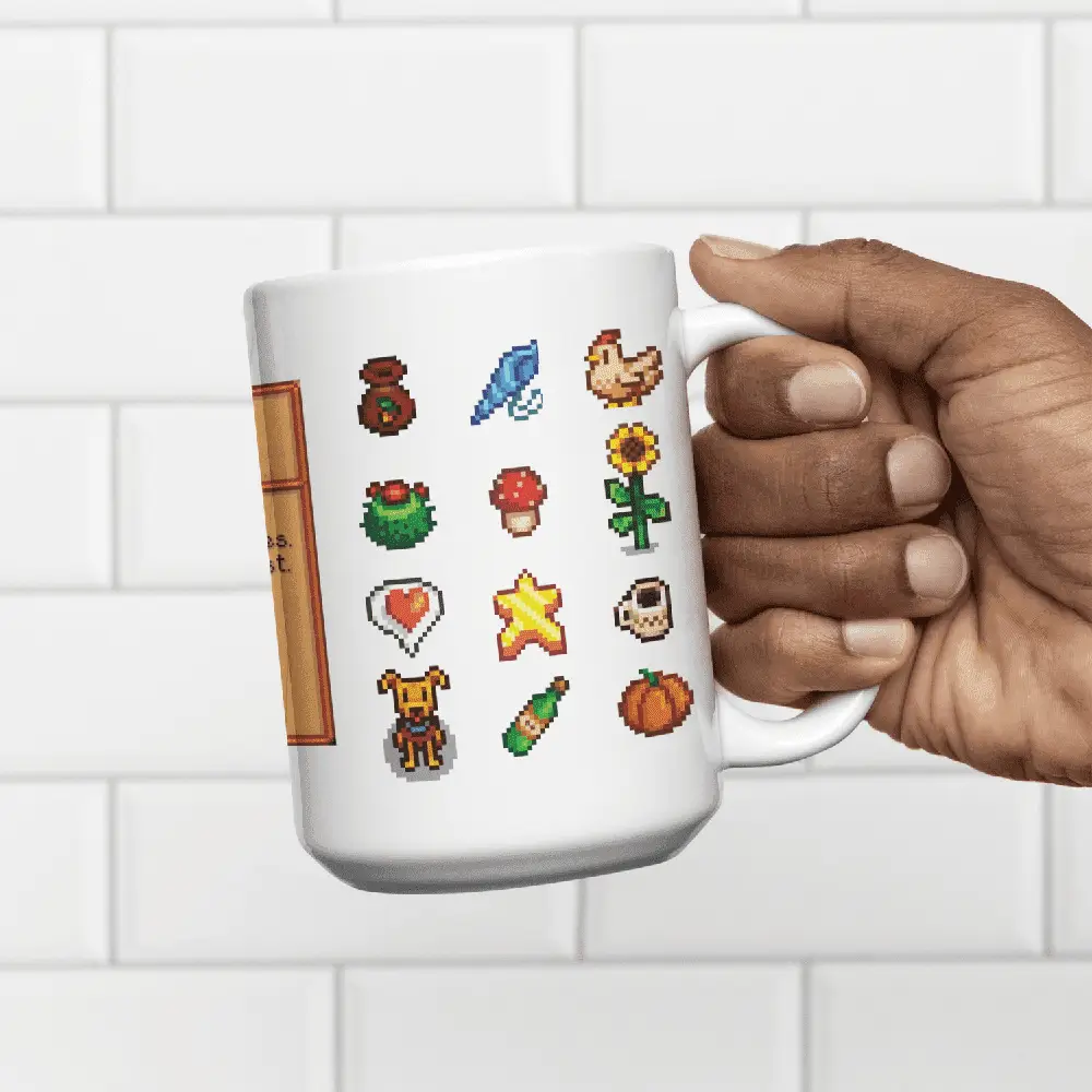 Stardew Valley Sprites Mug - Minimalist Icons & Drink Card Design, Gamer Gift