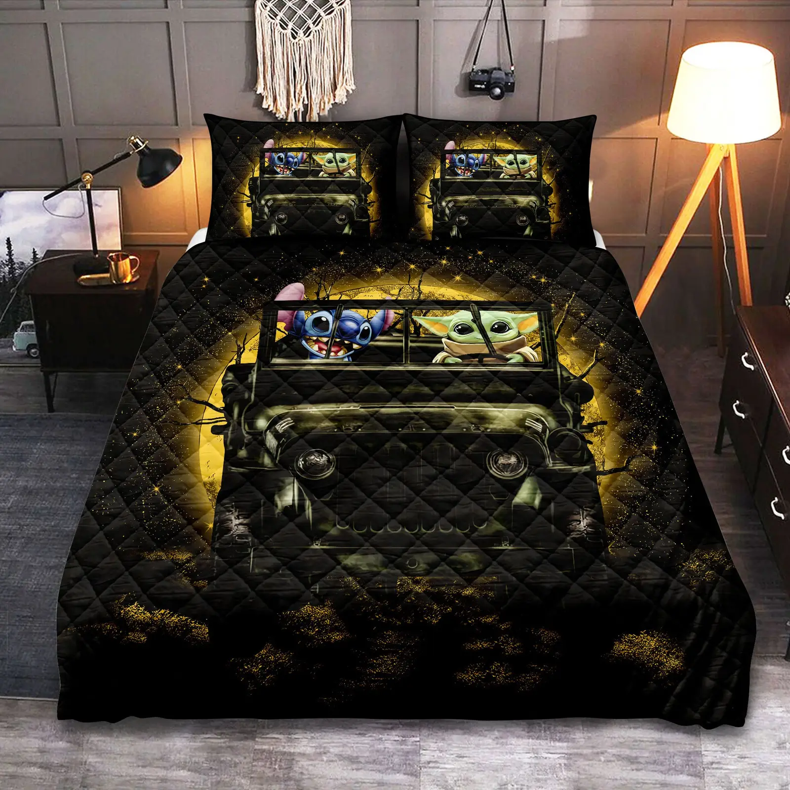 Stitch And Baby Yoda Ride Jeep Halloween Moonlight Quilt Bed Sets