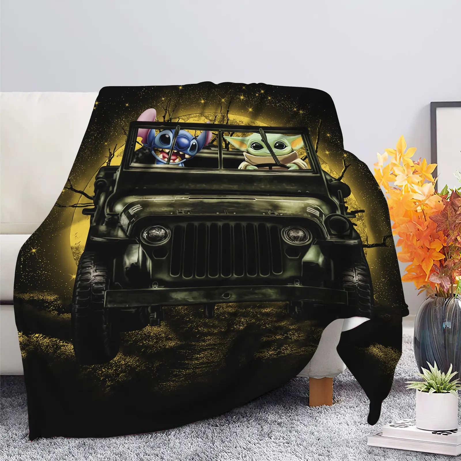 Stitch And Baby Yoda Ride Jeep Moonlight Halloween Funny Blanket