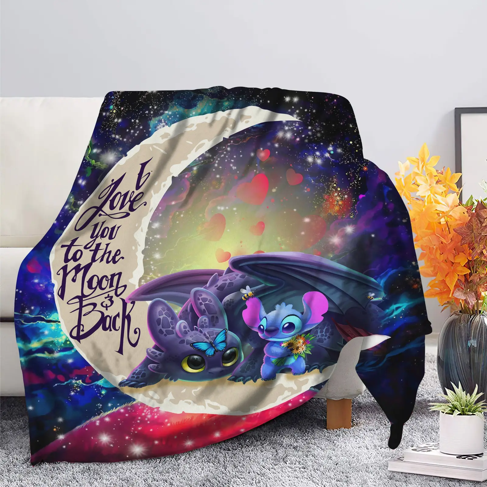 Stitch And Toothless Love You To The Moon Galaxy Blanket
