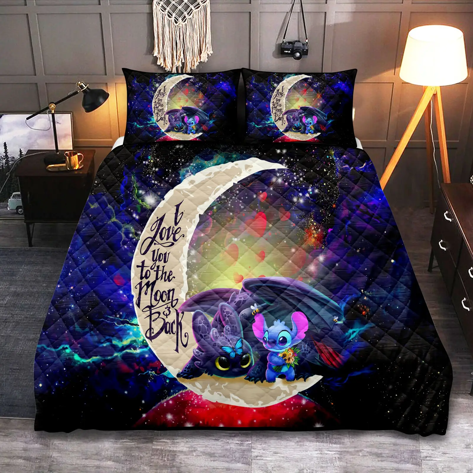 Stitch And Toothless Love You To The Moon Galaxy Quilt Bed Sets