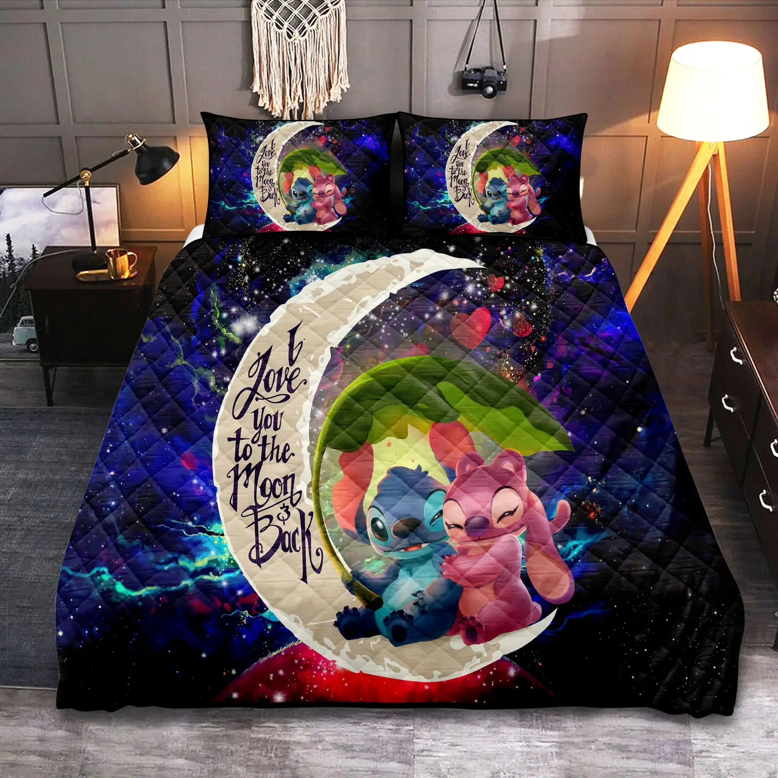 Stitch Angel Love You To The Moon Galaxy Quilt Bed Sets