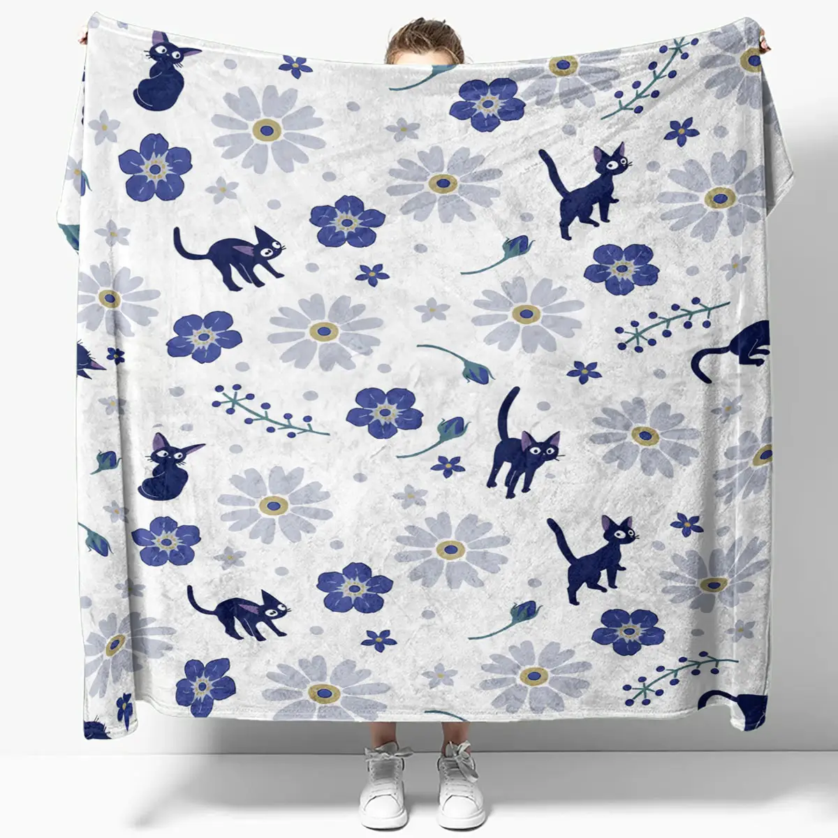 Studio Ghibli Jiji Cat Floral Blue Cozy Quilt Blanket - Anime Comforts – Cozy Anime Bedding, Blankets & Home Essentials