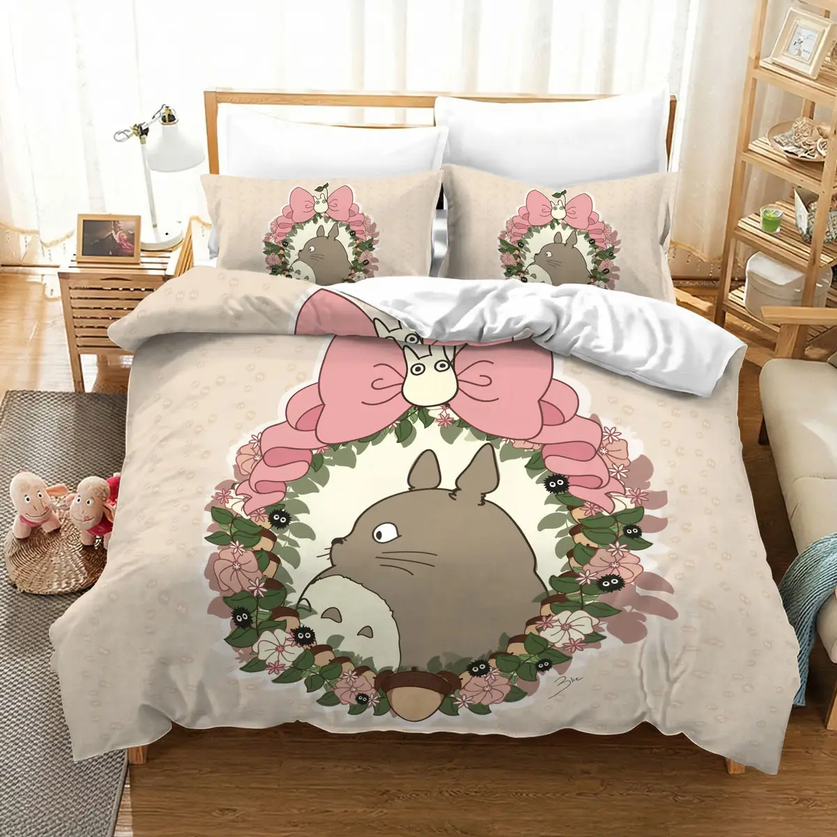 Studio Ghibli Totoro Floral Frame Bed Set Cute Style
