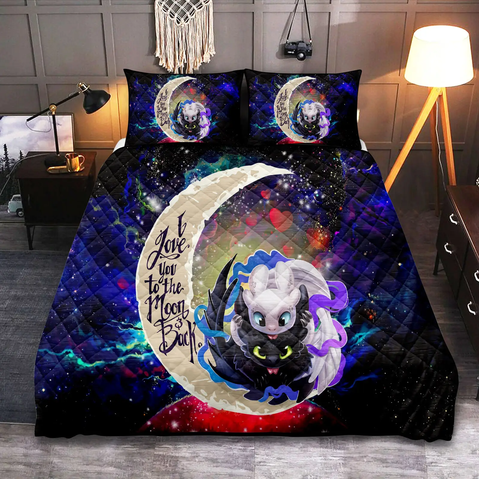 Toothless And Light Fury How To Train Your Dragon Love You To The Moon Galaxy Quilt Bed Sets