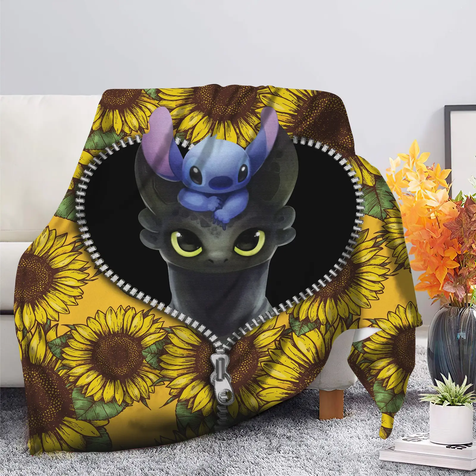 Toothless And Stitch Sunflower Zipper Blanket