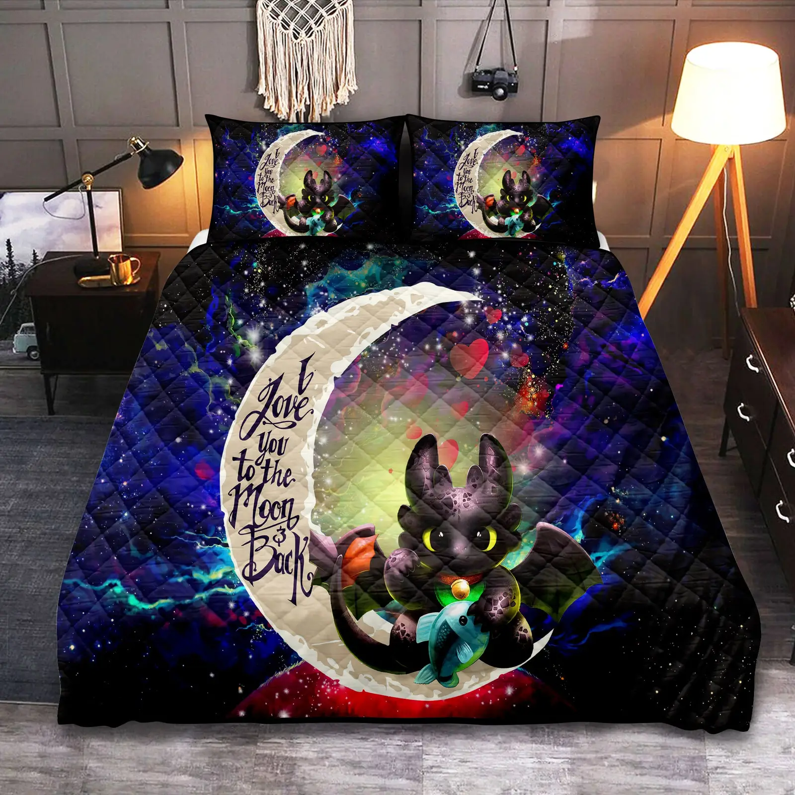 Toothless With Fish Love You To The Moon Galaxy Quilt Bed Sets