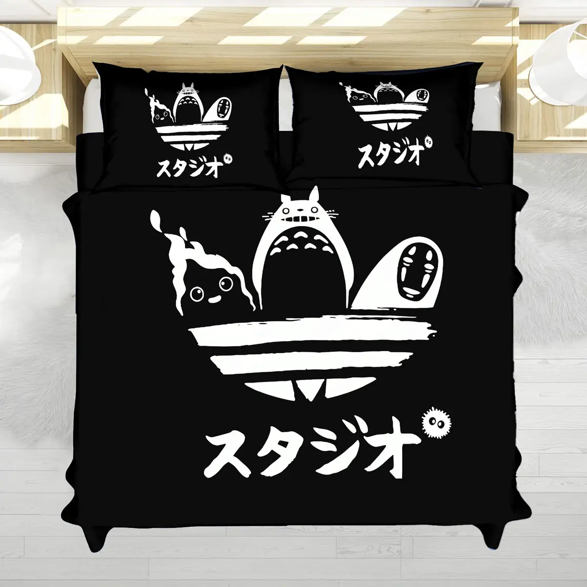 Totoro Calcifer No Face Black Minimal Bed Set