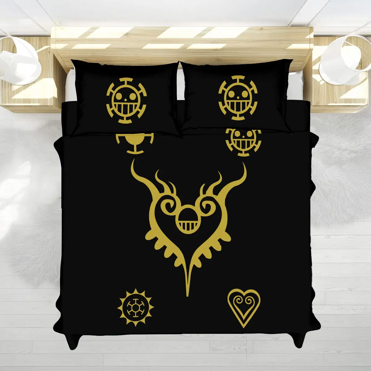 Trafalgar Law Heart Pirates Emblem Black Bedding Set - One Piece Verse Official One Piece Merchandise and Clothing