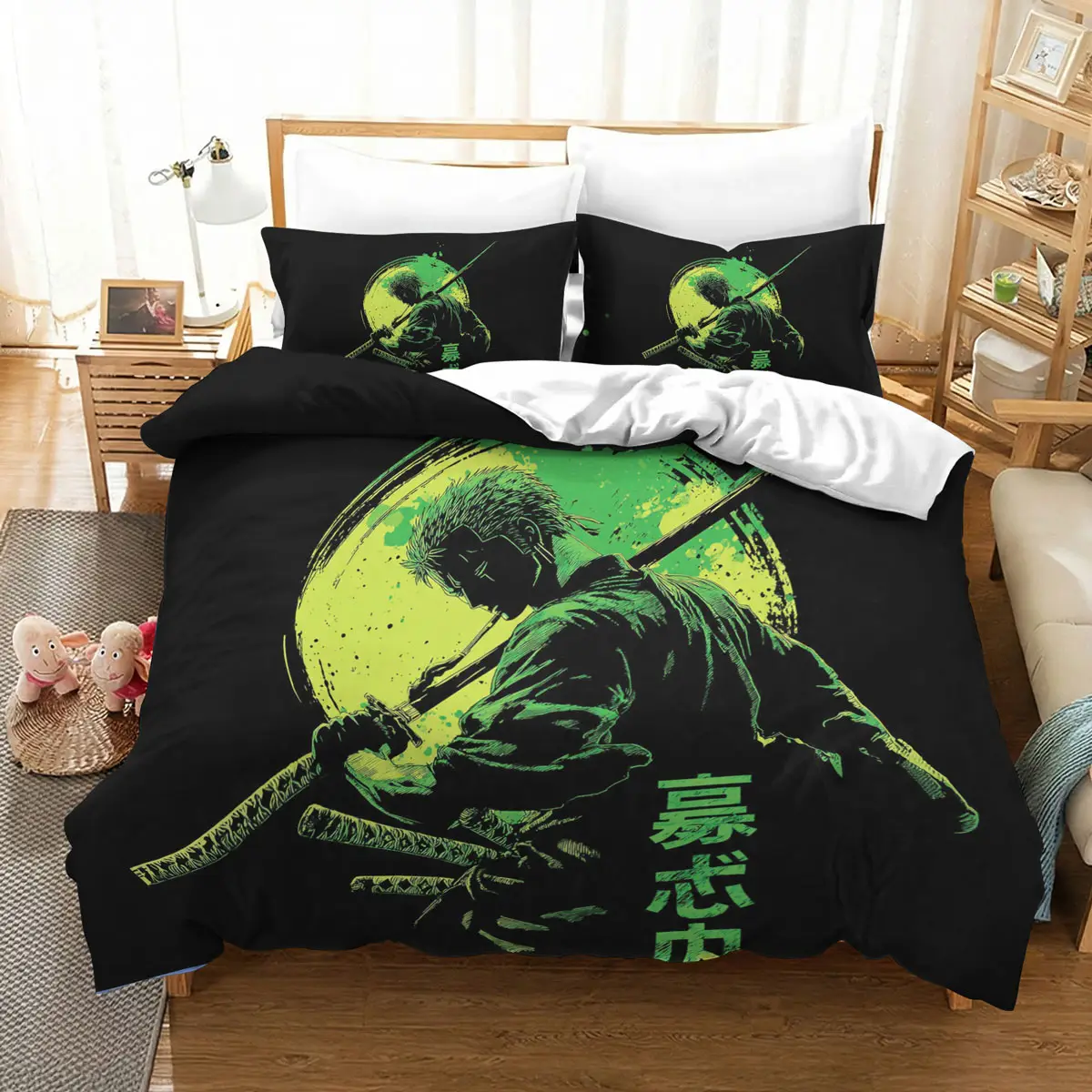 Zoro Neon Green Samurai Silhouette Anime Bedding Set